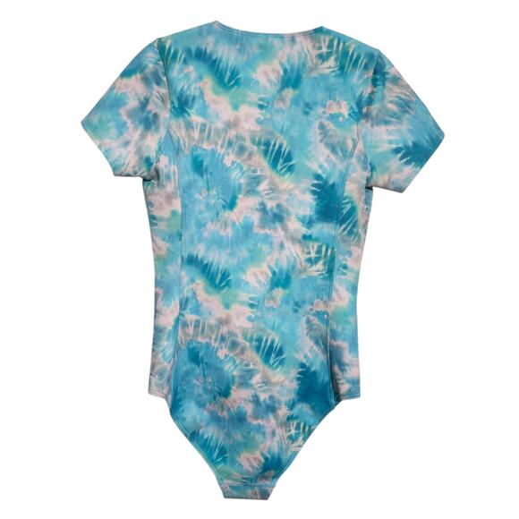 Calme Johnny Was Neoprene Swimsuit Front Zip Short Sleeve Tie Dye Blue Small NEW - Picture 6 of 9